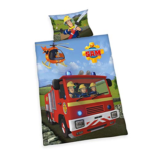 (-30%) Herding FEUERWEHRMANN SAM Bettwäsche-Set, Wendemotiv, Kopfkissenbezug 40 x 60 cm, Bettbezug 100 x 135 cm, Baumwolle/Renforcé