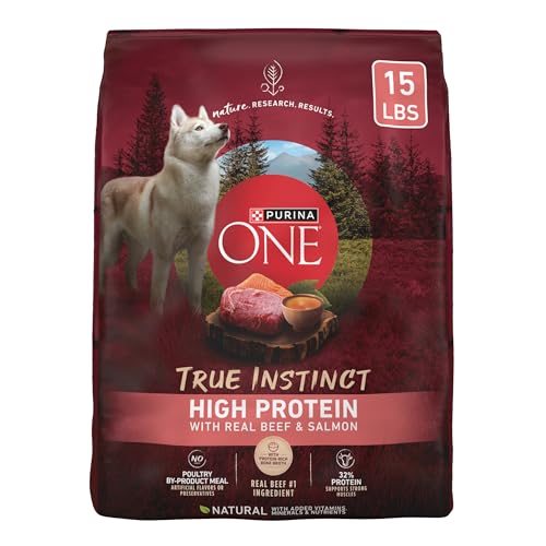 Purina ONE Natural High Protein Dry Dog Food Dry True Instinct with Real Beef and Salmon With Bone Broth and Added Vitamins, Minerals and Nutrients - 15 lb. Bag