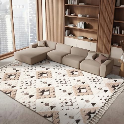 SAFAVIEH Area Rug 8x10 - Moroccan Tassel Shag Collection - Large - Ivory & Brown, Boho Design, Non-Shedding & Easy Cleaning, Plush Pile, Ideal for Living Room, Bedroom, Dining Space (MTS688A)
