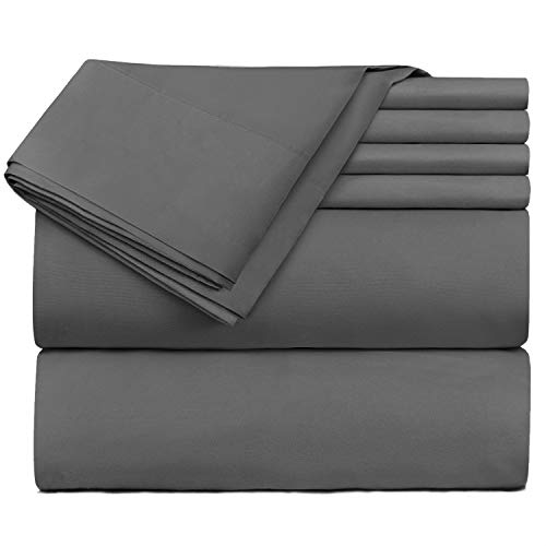 Hearth & Harbor Extra Deep Pocket King Size Sheets Sets - Fits Mattress 18-24 Inches Deep - Extra Deep Pocket Sheets - 6 Piece King Size - Grey
