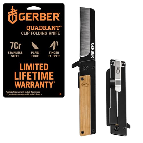 Gerber Gear Quadrant Clip Folding Pocket Knife, EDC Plain Edge Flipper Knife with Pocket Clip, Gifts for Men, Stainless Steel Survival Tool, Bamboo