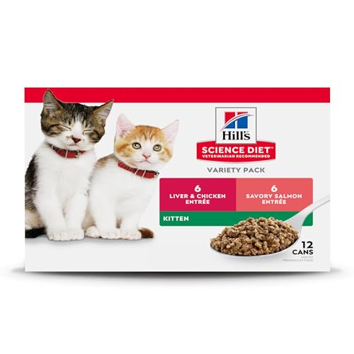 Hill's Science Diet Kitten, Kitten Premium Nutrition, Wet Cat Food, Variety Pack: Liver & Chicken; Salmon Minced, 2.9 oz Can Variety Pack, Case of 12