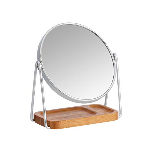 Amazon Basics Vanity Round Tabletop Mount Mirror with Squared Bamboo Tray Magnification, Chrome, 7.2"L x 3.35"W