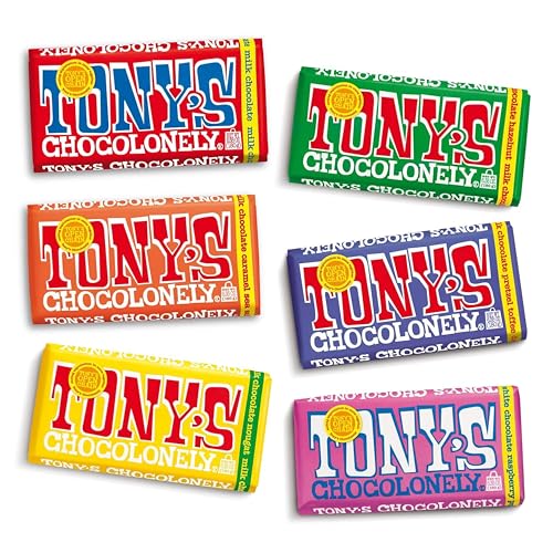 Tony’s Chocolonely Super Duper Milk Chocolate Halloween Candy Bar Bundle, Milk & White Chocolate With Sea Salt, Caramel, Pretzel Toffee, Almond, Hazelnut, Quality Fairtrade Cocoa, 6 Bars, 6.35 Oz Each