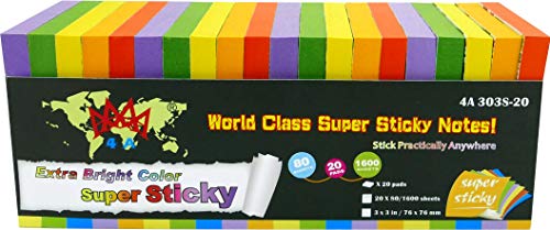 4A Super Sticky Notes 3x3 Inch Extra Bright Colors 20-Pack 1600 Sheets