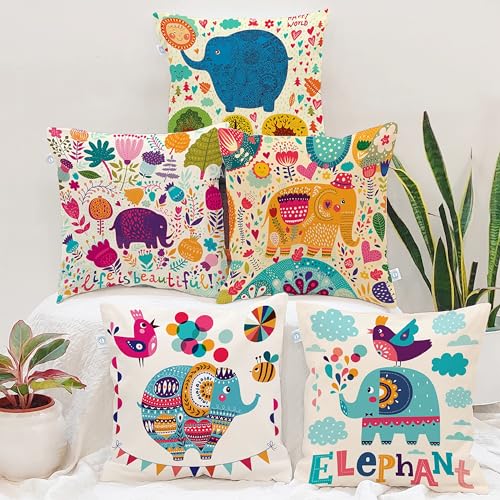 STITCHNEST Set of 5 Polycotton Cushion Covers – 16x16 Inches – Multicolor Elephant & Jungle Print – Playful Cushion Covers for Kids Room, Sofa & Livin