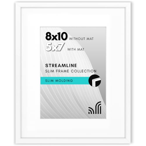 Americanflat 8x10 Picture Frame with Shatter-Resistant Glass - Use as 5x7 Frame with Mat or Display 8x10 Photo Without Mat - Streamline Collection - Picture Frames for Tabletop and Wall - White