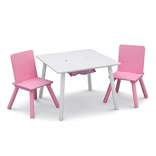Delta Children Kids Table and Chair Set with Storage (2 Chairs Included), White/Pink
