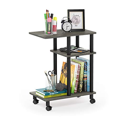 Furinno TURN-N-TUBE Side Table, 3-Tier C-Shape End Table with Wheels, Toolless Assembly Night Stand, Bedside Table with Open Shelf, for Living Room, Bedroom, French Oak/Black
