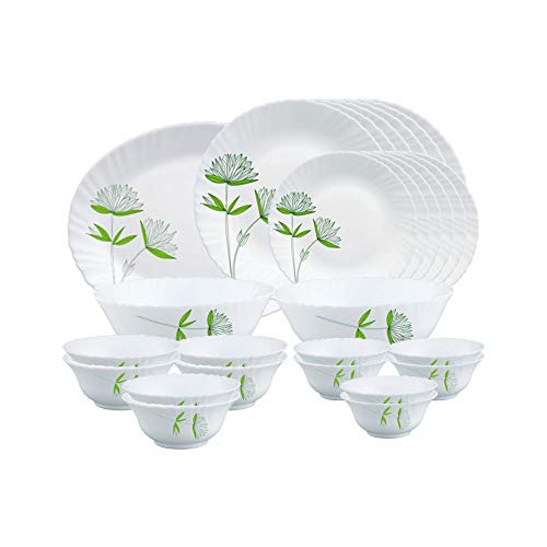 Larah By Borosil Green Lily Opalware Dinner Set, 27 Pcs, White