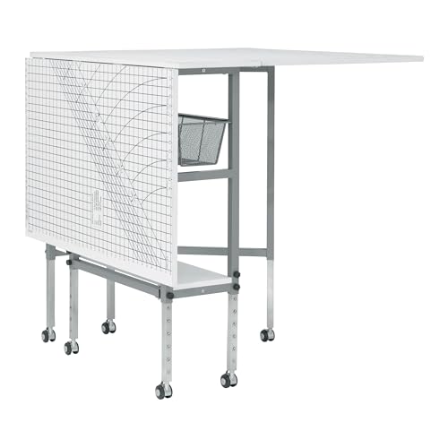 Sew Ready Foldable Hobby and Cutting Grid Table - 58.75" W x 36.5" D White Arts and Crafts Table with Grid Top and Silver Storage Drawers