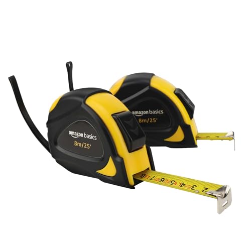 Amazon Basics Self-Locking Tape Measure, 25 feet (8-meters), inch/metric Scale, MID Accuracy, 2-Pack, Yellow