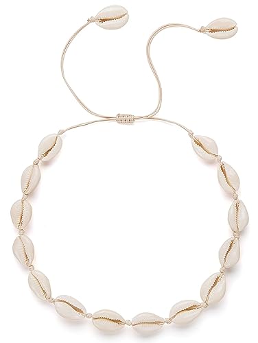 Nackiy Handmade Sea Shell Necklace for Women Summer Adjustable Natural Shell Collar Necklace (Beige Braided Rope)