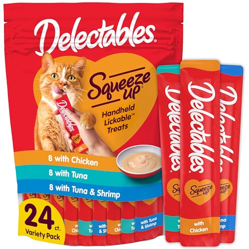 Delectables Squeeze Up Variety Pack, Creamy Squeezable Puree, Lickable Wet Cat Treats, Grain Free, No Added Fillers, No By-Products, No Added Preservatives, 0.5 Ounces Tube, 24 Tubes Total