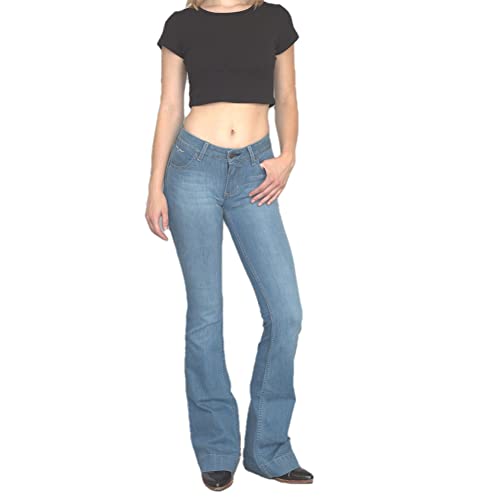 Kimes Ranch Women's Lola Soho Fade Western Mid-Rise Wide Flare Leg Light Wash Tri-Blend Denim Blue Jeans, 6-32