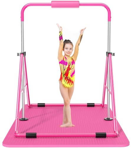 Safly Fun Gymnastics Bar with Mat for Kids 3-9, Foldable & Adjustable 35"-51", Supports 142Lbs with Pad, Easy to Assemble, Gymnastics Equipment for Indoor/Outdoor Training