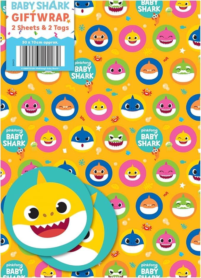 Baby Shark 2 Gift Wrap Sheet & 2 Tag Wrapping Paper Pack