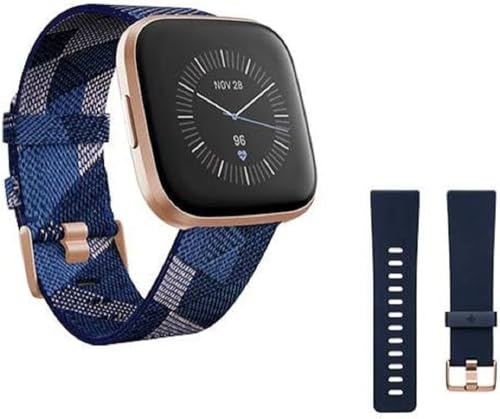 Fitbit Versa 2 Special Edition Health and Fitness Smart Watch with Heart Rate, Music, Alexa Built-In, Sleep and Swim Tracking, Navy and Pink Woven/Copper Rose, One Size (S and L Bands Included), 2.3