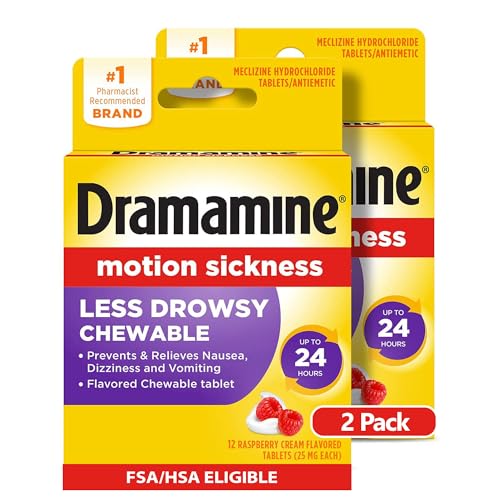 Dramamine Chewable Less Drowsy, Motion Sickness Relief, Raspberry Cream Flavor, 12 Count, 2 Pack