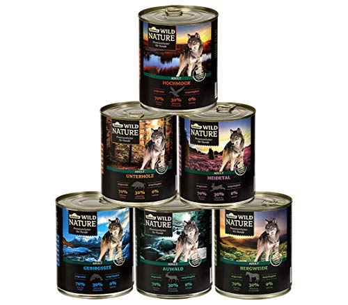 (-16%) Dehner Wild Nature Hundefutter Probier-Set, Nassfutter getreidefrei/zuckerfrei, für ausgewachsene Hunde, Ente/Pferd/Wild/Kaninchen, 6 x 800 g Dose (4.8 kg)