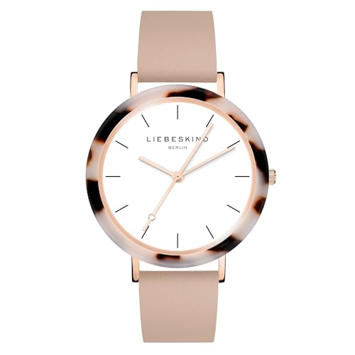 (-47%) LIEBESKIND BERLIN Damen Armbanduhr – Rundes Gehäuse mit gemustertem Acetat-Topring – Lederarmband – Schlichtes Ziffernblatt – Elegante Quarzuhr - Roségold