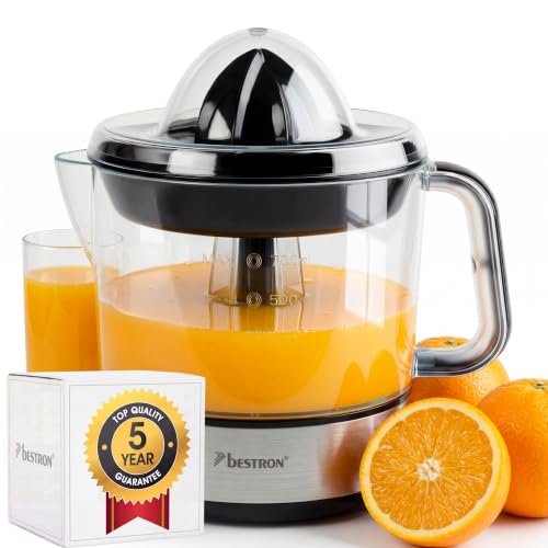 🔥 STARKER PREIS (-29%) Bestron elektrische Zitrus- & Orangenpresse, inkl. 2 Presskegel und Aromadeckel, Motor mit zwei Drehrichtungen (links/rechts), Füllmenge: 0.7 Liter, 40 Watt, Farbe: Silber, ACJ350Z