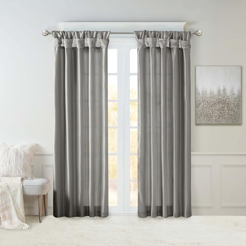 Madison Park Emilia Faux Silk Single Curtain with Privacy Lining, DIY Twist Tab Top, Window Drape for Living Room, Bedroom and Dorm, 108" L x 50" W, Charcoal