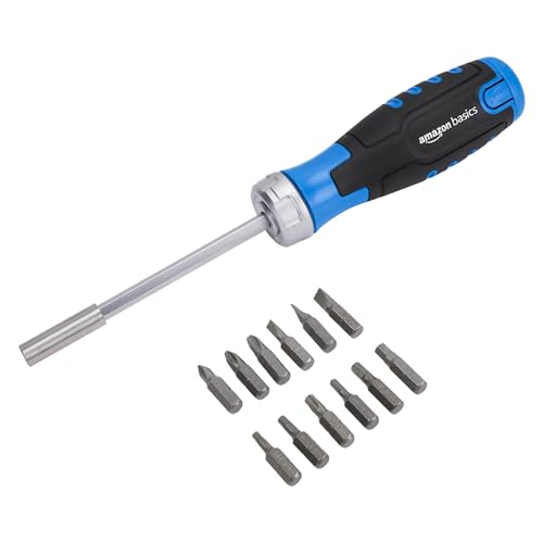 Amazon Basics 12-Piece Ratcheting Magnetic Screwdriver Set with Multiple Bits, Security Torx, Phillips, Flat, Hex, Torx,