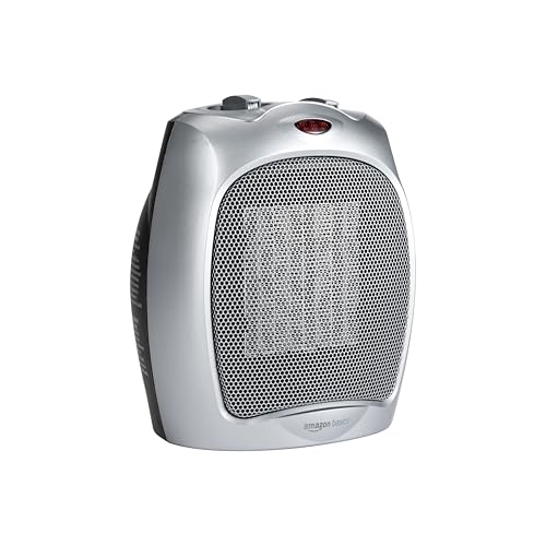 Amazon Basics Ceramic Space Heater, Portable Indoor Heating Solution, With Overheat and Tip-Over Protection, Thermostat, Non-Oscillating, 1500W, 7.52D x 6.34W x 9.45H, Silver