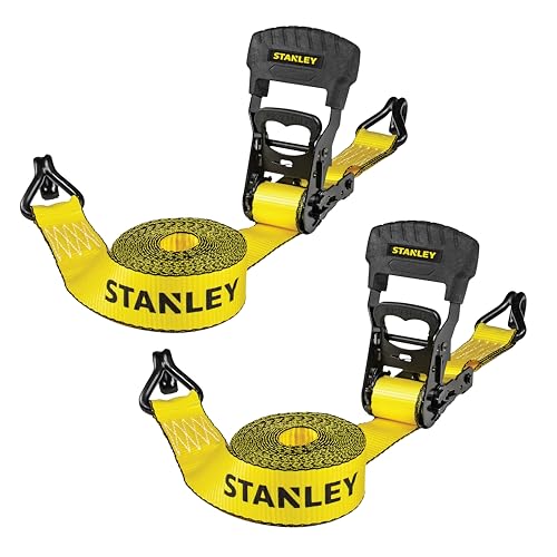 STANLEY S1007 Black/Yellow 1.5" x 16' Ratchet Tie Down Straps - 1,100 lb Safe Working Load / 3,300 lb Break Strength, 2 Pack