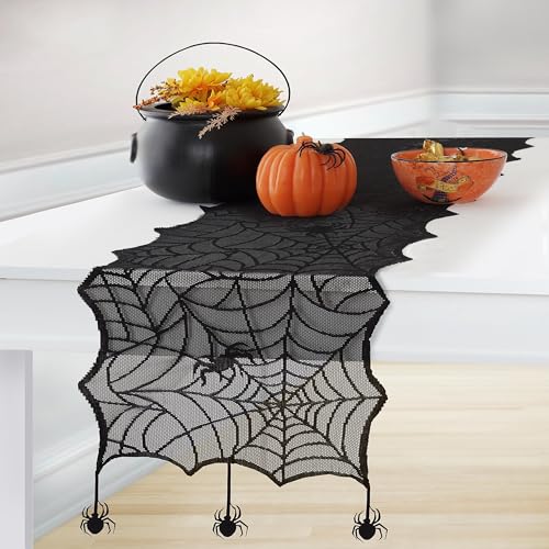 Elrene Home Fashions Crawling Spider Halloween Lace Table Runner and Mantle Scarf, Seasonal Halloween Table Runner, 13" x 70", Black