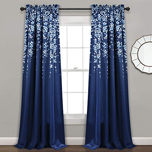 Lush Decor Weeping Flower Light Filtering Window Curtain Panels, Pair, 52" W x 84" L + 2" Header, Navy - Charming Modern Floral Curtains for Living Room, Dining Room, & Bedroom