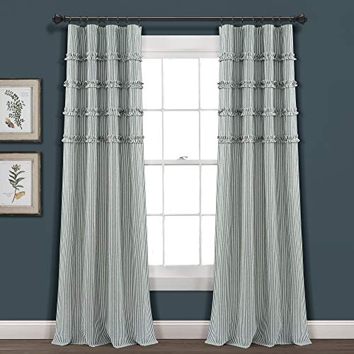 Lush Decor Vintage Stripe Yarn Dyed Cotton Window Curtain Panel Pair, 84" x 40", Denim Blue