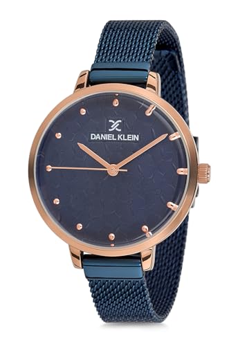 Daniel Klein Analog Blue Textured Round Dial Rose Gold Case Blue Mesh Strap Water-Resistant Wrist Watch for Women Girls, Ladies DK11637-7