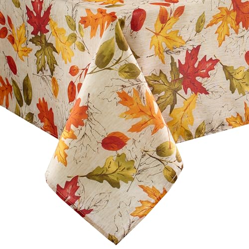 Elrene Home Fashions Autumn Leaves Fall Printed Wrinkle Resistant Tablecloth, Holiday Table Cover for Formal or Everyday Use, 60"x84" Oblong/Rectangle