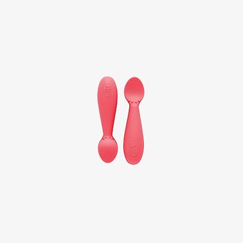 ezpz Tiny Spoon (2 Pack in Coral) - 6 Months+ - 100% Silicone Spoon for Baby Led Weaning + Purees - Designed by a Pediatric Feeding Specialist - Shower Essentials & Gifts
