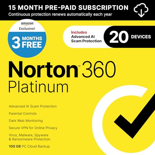 Norton 360 Platinum 2025, Antivirus software for 20 Devices with Auto-Renewal – 3 Months FREE - Includes Advanced AI Scam Protection, VPN, Dark Web Monitoring & PC Cloud Backup [Download]