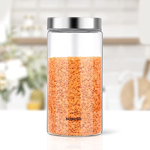 1200ml Endura Glass Jar with Stainless Steel Lid | Borosilicate Glass Storage Organiser | Microwave & Dishwasher Safe Kitchen Containers for Spices, S
