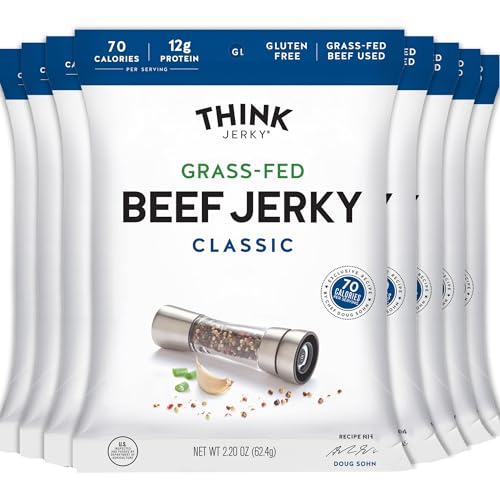 Think Jerky Classic Beef Jerky, Grass-Fed High Protein Beef Jerky, Gluten Free, No Antibiotics or Nitrates, Healthy Chef Crafted Recipe, Low Calorie and Low Fat - 2.2 oz Bags, 8 Pack