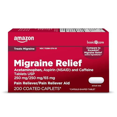 Amazon Basic Care Migraine Relief, Acetaminophen, Aspirin (NSAID) and Caffeine Tablets, Headache Pain Reliever/Pain Reliever Aid, 200 Count