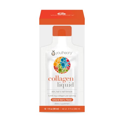 Youtheory Collagen Liquid - 5,000 mg - for Hair Growth, Skin & Nails* - Supports Joint, Bone & Muscle Health* - with Amino Acids - Berry Flavor - 12 Single Serving Packets (12-Day Supply)