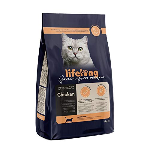 🔥 SELTEN SO GÜNSTIG (-54%) by Amazon Katzenfutter für ausgewachsene Katzen, Fein zubereitetes Trockenfutter mit frischem Huhn, Getreidefreie Rezeptur, 3 kg (1er-Pack)(Zuvor eine Marke von Lifelong, gleiches Produkt)