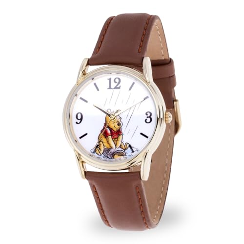 Disney Winnie The Pooh Watch for Men – Classic Character Dial Featuring Vintage Pooh Artwork – Great Gift for Fans and Collectors – Gold-Tone Case, White Dial, and Brown Leather Strap