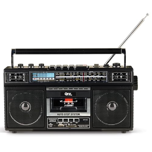 QFX J-220BT Boombox MP3 Conversion from Radio to Cassette with 4-Band (AM, FM, SW1, SW2) Radio with Bluetooth, Rechargeable Battery, Dual 3” Speakers, Built-in Microphone, Recorder, 3-Band Equalizer