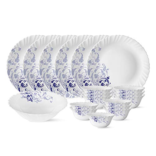 Silk Series Opalware Dinner Set | 19 Pieces for Family of 6 | Microwave & Dishwasher Safe | Bone-Ash Free | Crockery Set for Dining & Gifting | Plates