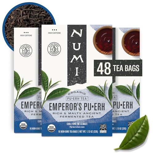 Numi Organic Emperor's Pu-erh Tea, 48 Dark Tea Bags, Aged Fermented Yunnan Black Tea, Caffeinated