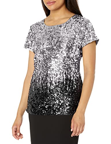 MANER Women's Full Sequin Tops Short Sleeve Sparkle Shirt Shimmer Glitter Party Blouses. (Silver/Gray/Black, XXL/US 20-22)