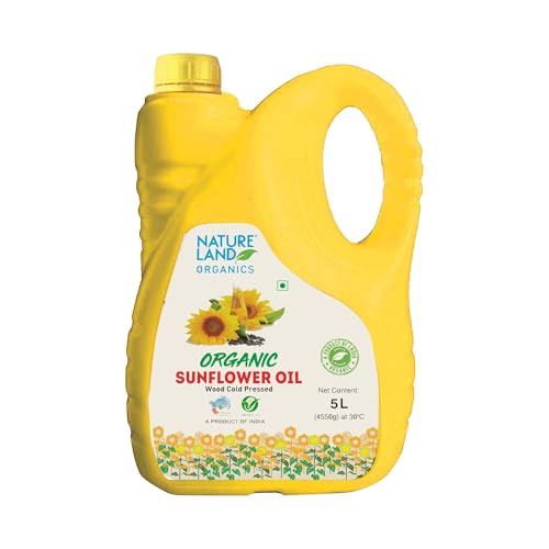 Natureland Organics Wood Cold Pressed Organic Sunflower Oil, 5 L | Cold-pressed sunflower oil in a 5 L jar. Light-textured oil suitable for everyday f