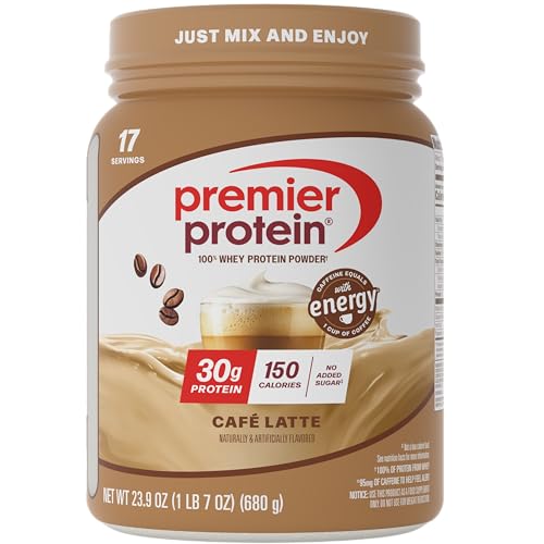 Premier Protein Powder, Café Latte, 30g Protein, 1g Sugar, 100% Whey Protein, Keto Friendly, Gluten Free, No Soy, 95mg Caffeine for Energy, 23.9 oz (17 Servings)