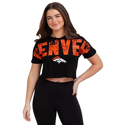 FOCO NFL Denver Broncos Womens Distressed Wordmark Crop Top ShirtDistressed Wordmark Crop Top Shirt, Team Color, Small